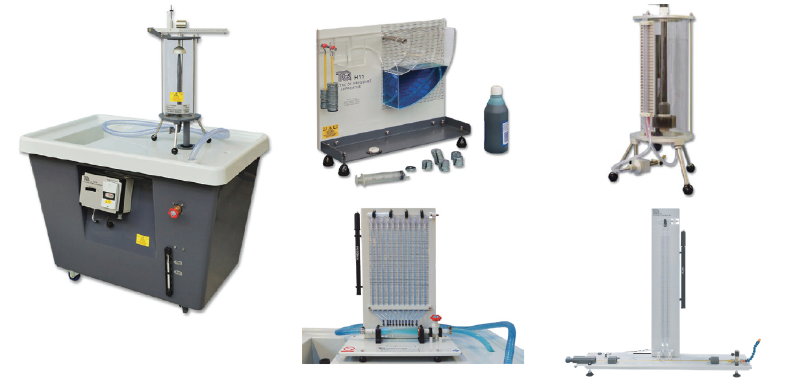 Equipment includes: Bench with jet impact, Venturi, Orifice, Center of pressure and Friction in a pipe